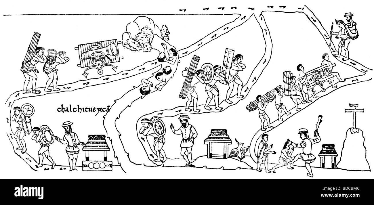 Cortes, Hernando, 1485 - 2.12.1547, spanischer Konter, aztekischer Inder, der Waffen über die Berge trägt, wobei er von "Lizo des Tlazcala" gezeichnet wurde, Stockfoto
