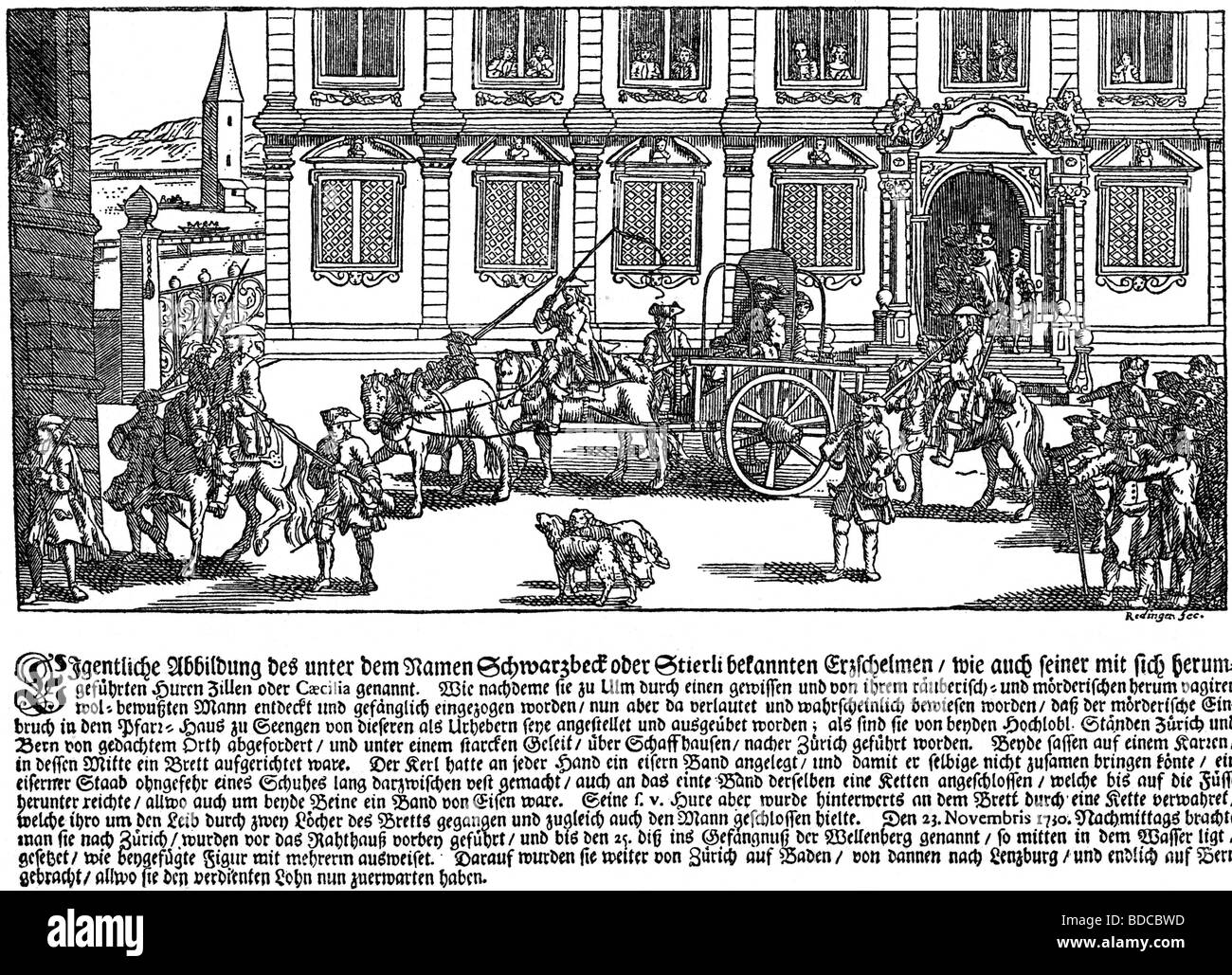 Schmid, Johann Georg, genannt Der chwarzbeck', Schweizer Bösewicht, Ankunft in Zürich mit seiner Maitresse Caecilia, 23.11.1730, zeitgenössischer Kupferstich von Redinger, Artist's Urheberrecht nicht geklärt zu werden. Stockfoto