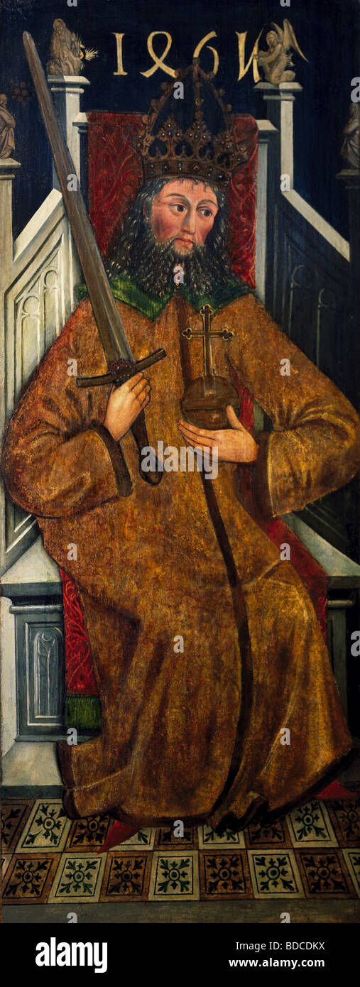 Bildende Kunst, Mittelalter, Deutschland, Malerei, Kaiser mit Globus Cruciger und Schwert, Altar Flügel, unbekannter Künstler, Holz, 107,5 cm x Stockfoto