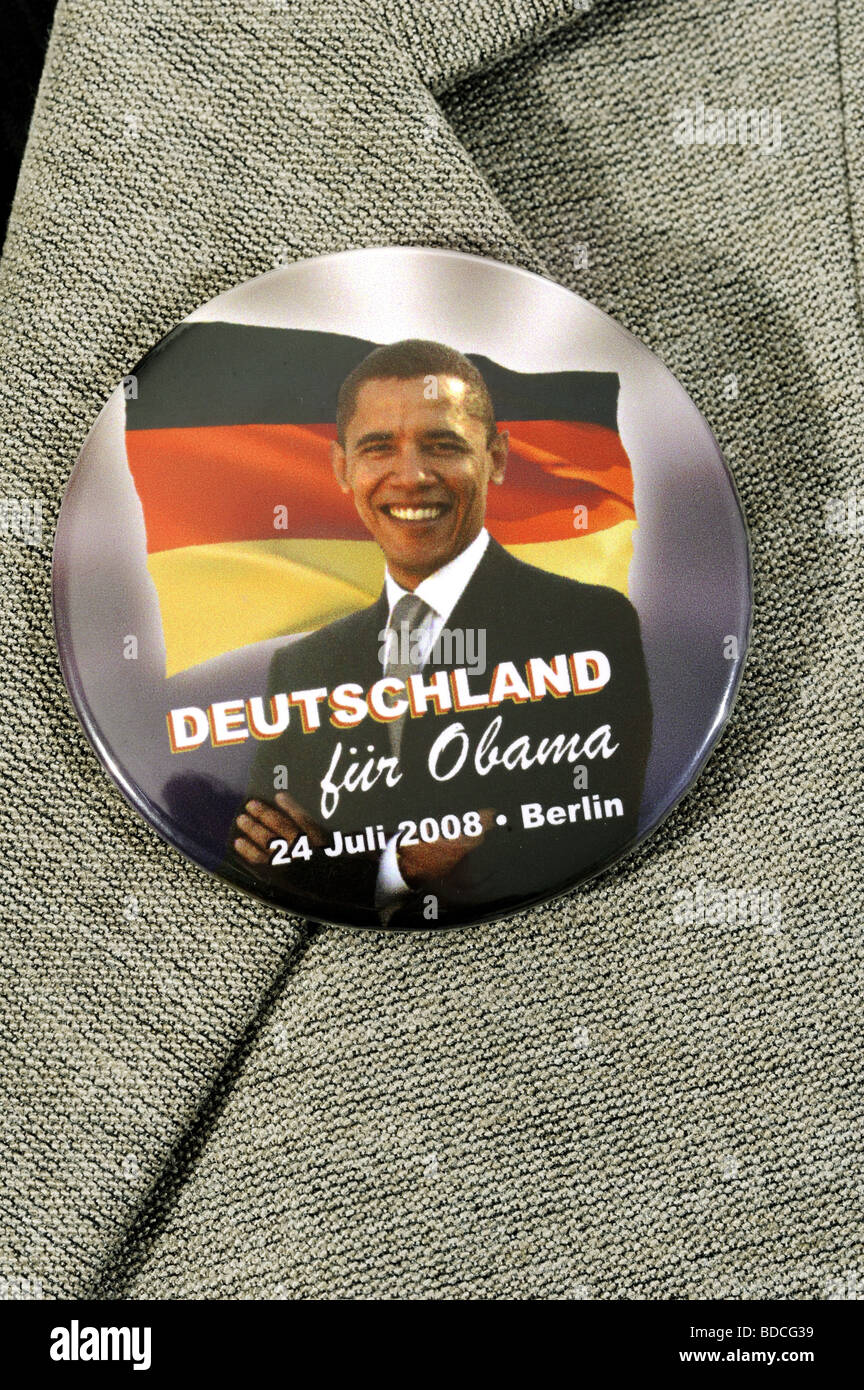 Obama, Barack, * 4.8.1961, US-amerikanischer Politiker (Demokrates), 44. Präsident der Vereinigten Staaten von Amerika, Button zu seinem Besuch in Berlin, Deutschland, 24.7.2008, Stockfoto