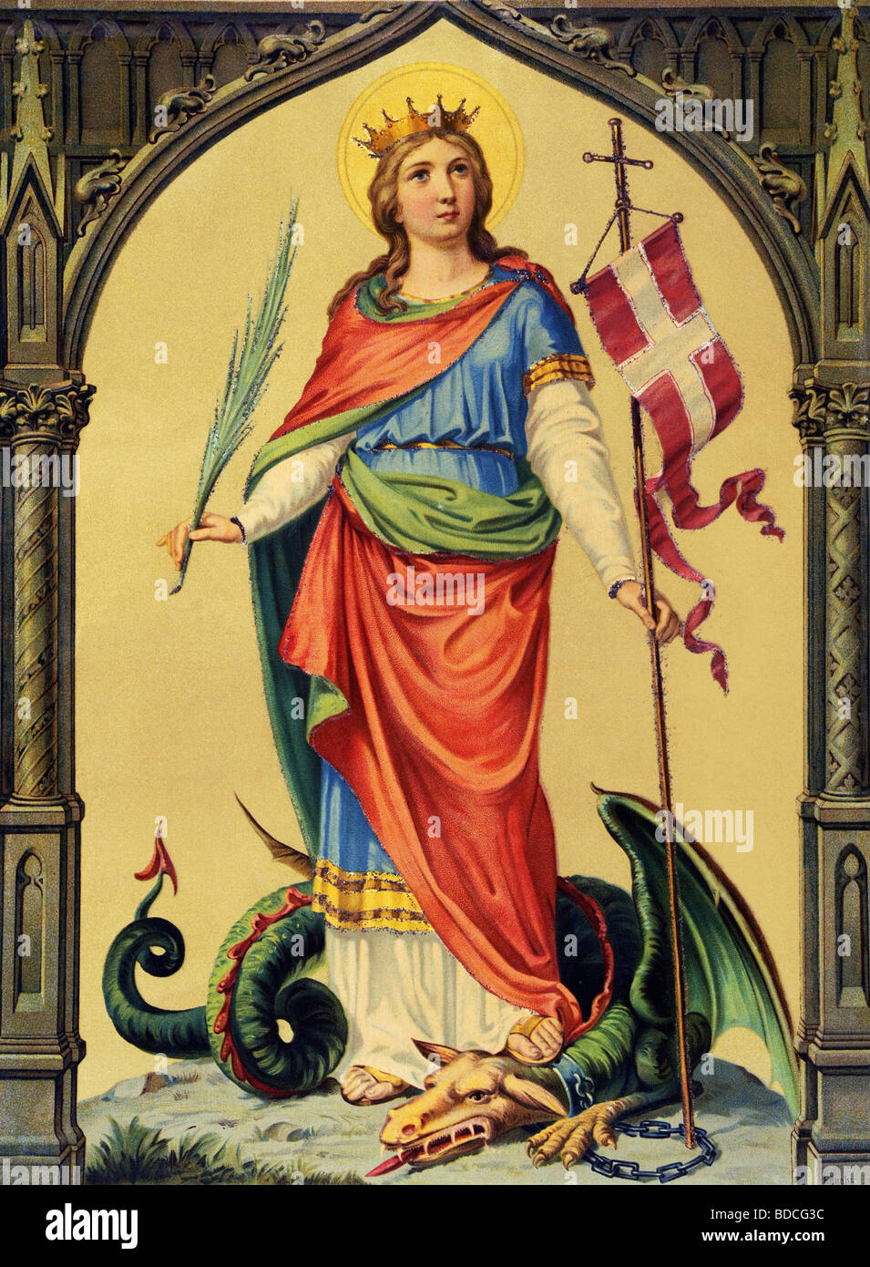 Margaret von Antiochia, Heiliger, ca. 300 n. Chr., Märtyrerin und Jungfrau, volle Länge, auf einem Drachen reiten, Deutschland, ca. 1880, Stockfoto