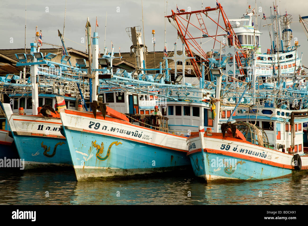 Tintenfisch-Boote vertäut im Hafen in Pak Nam, Thailand Stockfoto