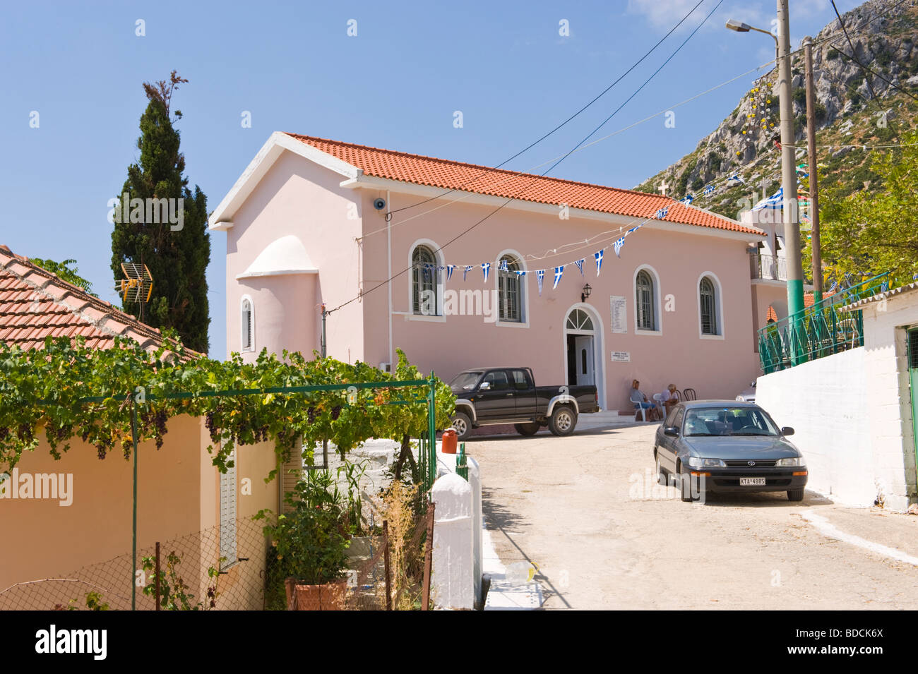 Kirche der Jungfrau Maria, wo das jährliche Festival der Schlangen in Arginia auf der griechischen Insel Kefalonia Griechenland GR stattfindet Stockfoto