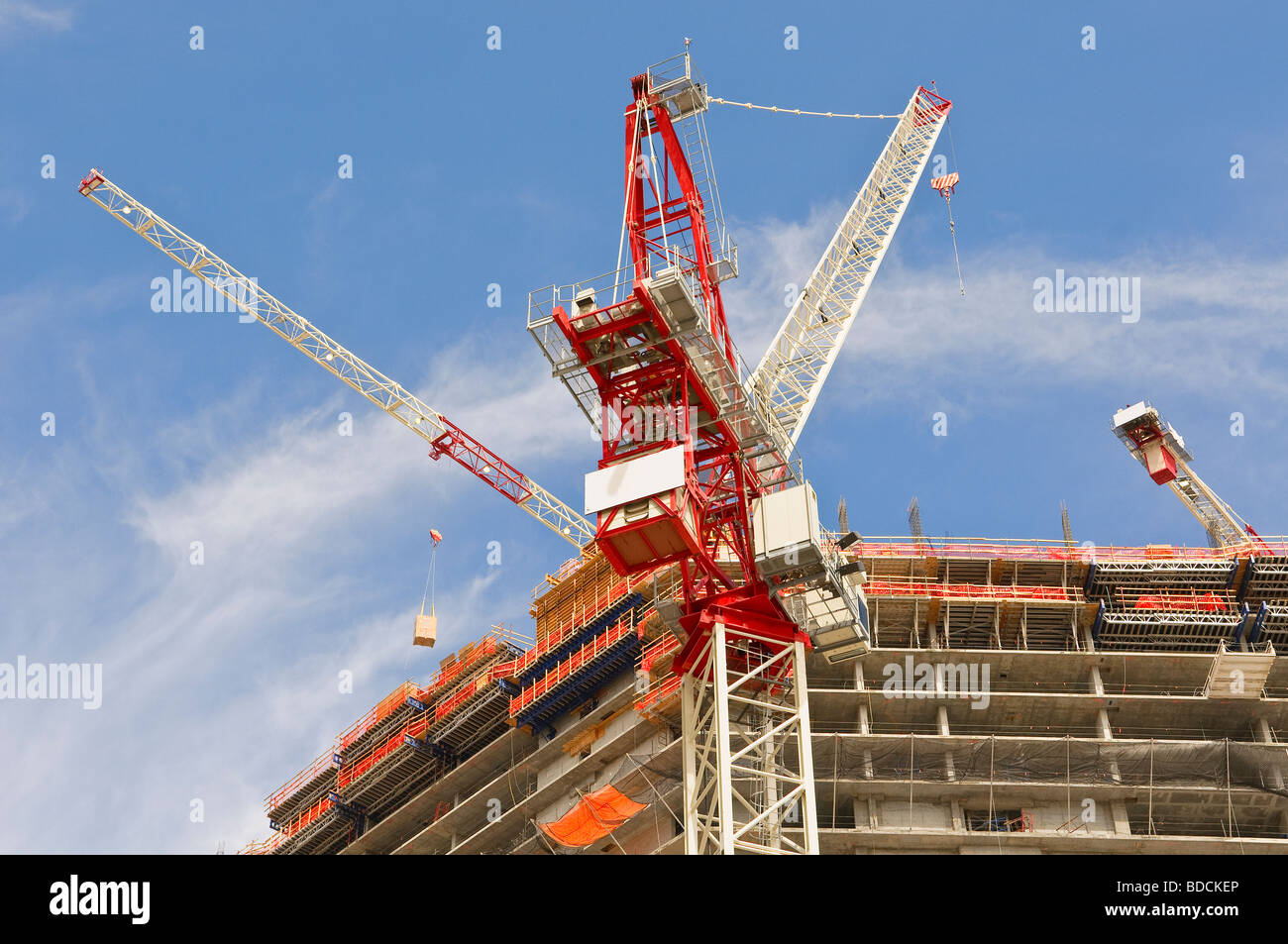 Krane auf einer Hochhaus-Baustelle rote Kräne vor blauem Himmel aufzublicken Stockfoto