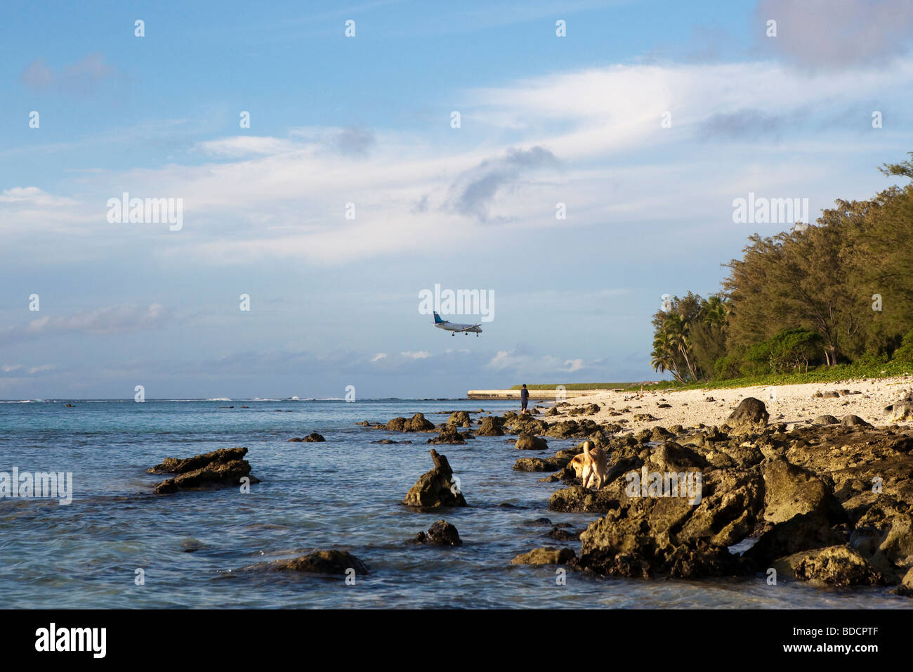 Ein Flugzeug, kommen ins Land, Tiefflug über einen Strand auf Rarotonga auf den Cook Inseln Stockfoto