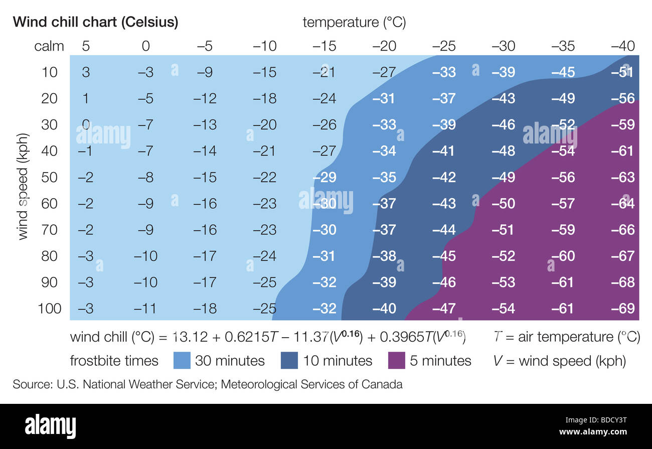 Celsius Wind chill Diagramm Stockfoto