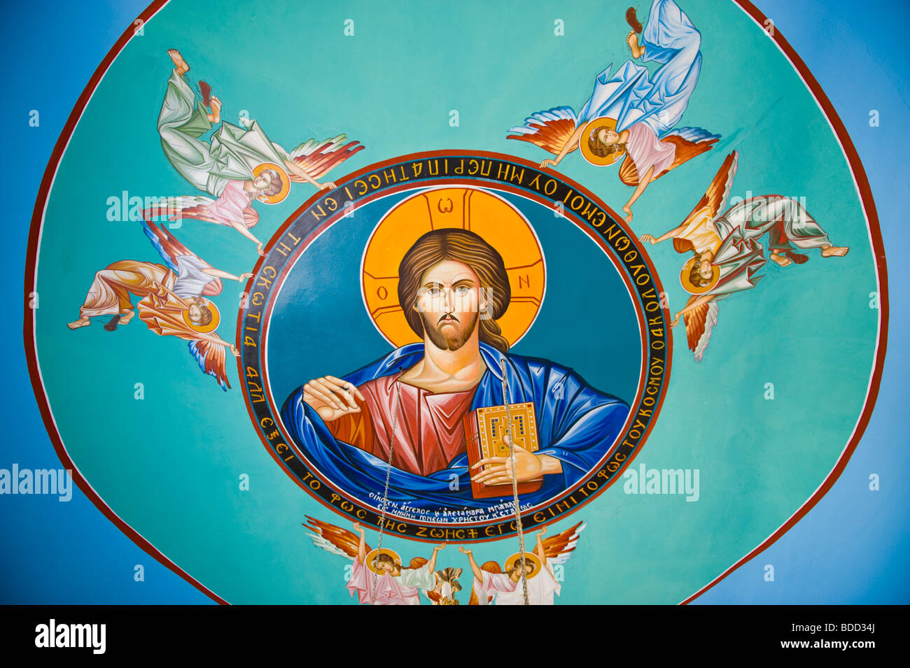 Fresko an der Decke der Kirche der Jungfrau Maria in einem abgelegenen Bergdorf auf der griechischen Insel Kefalonia Griechenland GR Arginia Stockfoto