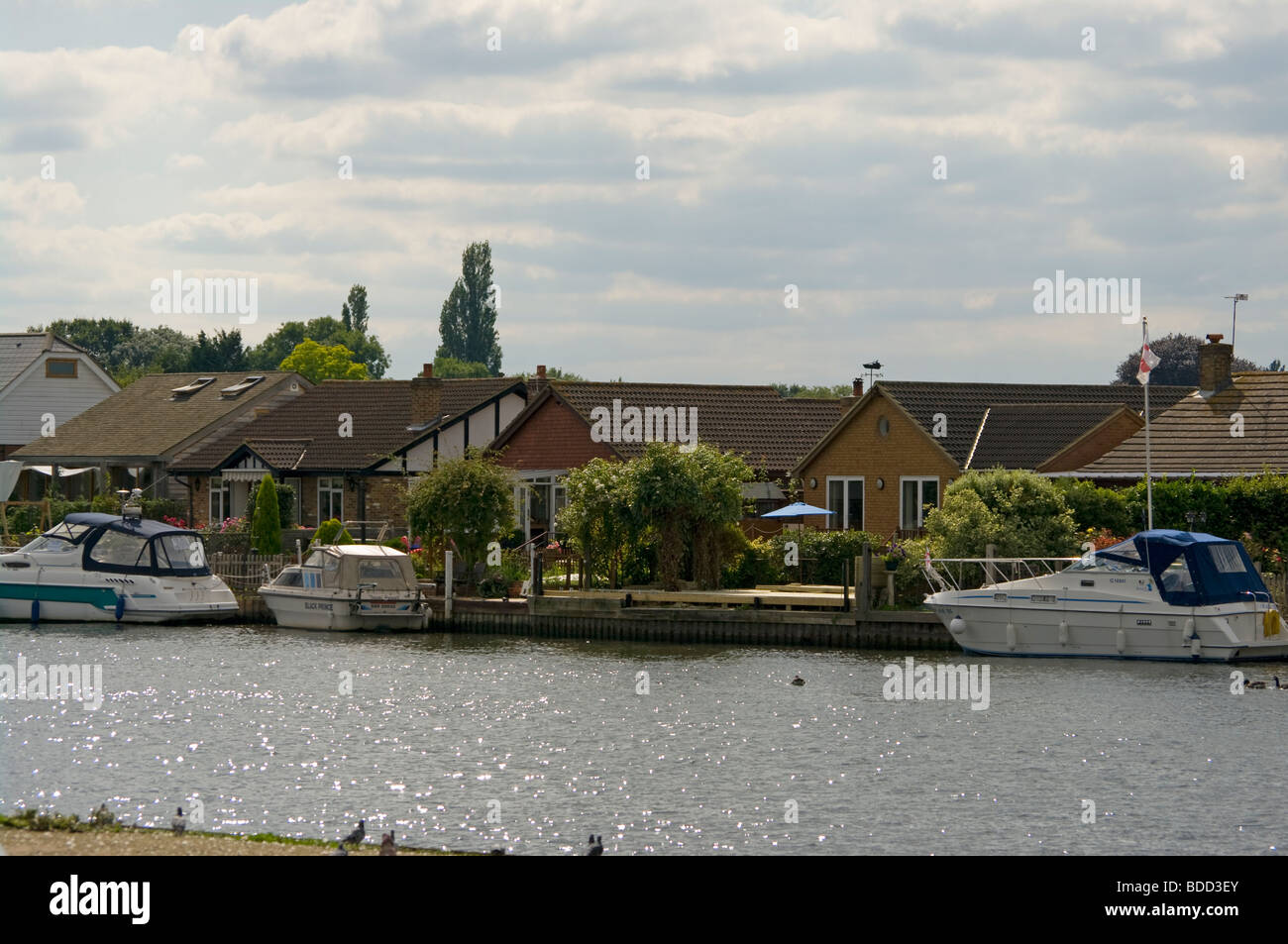 Riverside Hotel und festgemachten Boote auf Desborough Insel des Flusses Themse Walton Surrey Stockfoto