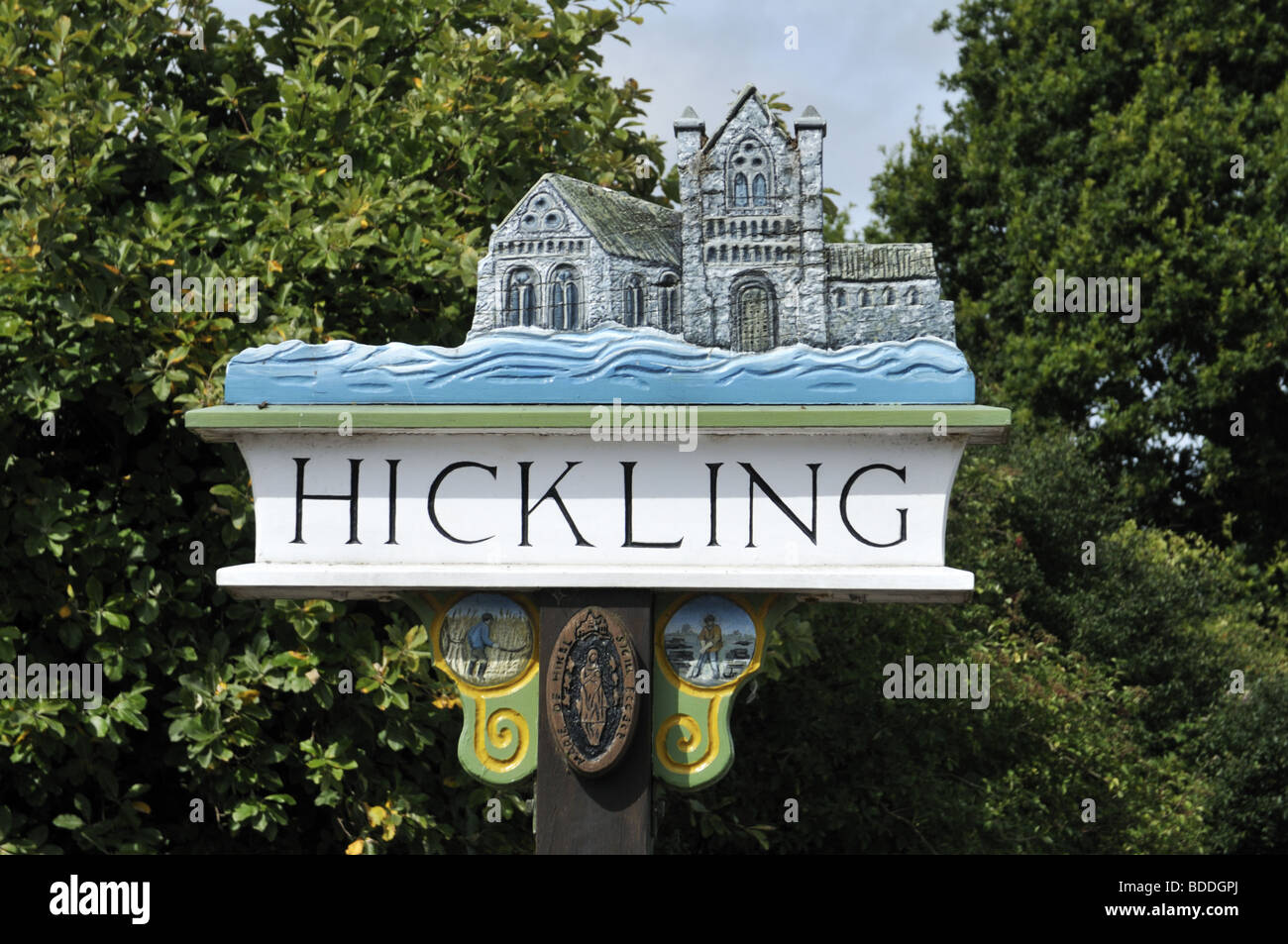 Hickling Ortsschild, Norfolk, Großbritannien. Stockfoto