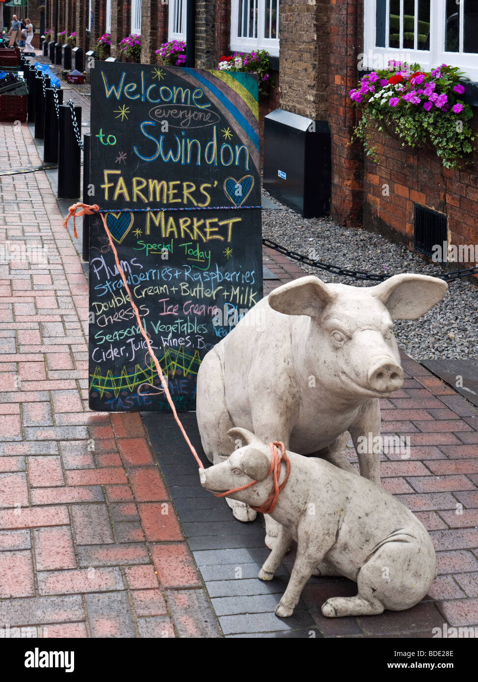 Chalk Board Zeichen und zwei Schwein Statuen begrüßen die Besucher nach dem Swindon Sonntag Bauernmarkt im Swindon Outlet Village Stockfoto