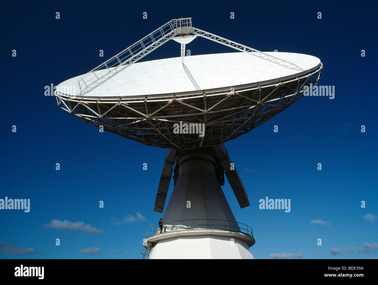 Techniker auf der Plattform eines Telekommunikationssatelliten, Cornwall, England Stockfoto