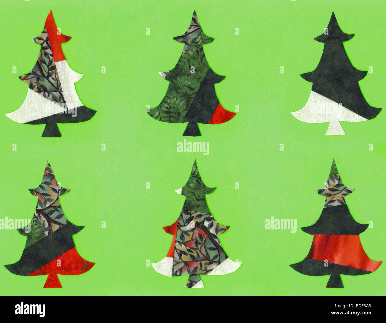 Vintage Patchwork Weihnachten Weihnachtsbäume isoliert auf grünem Hintergrund, original-Kunst von (c) Caroline P. Digonis 2009 Stockfoto