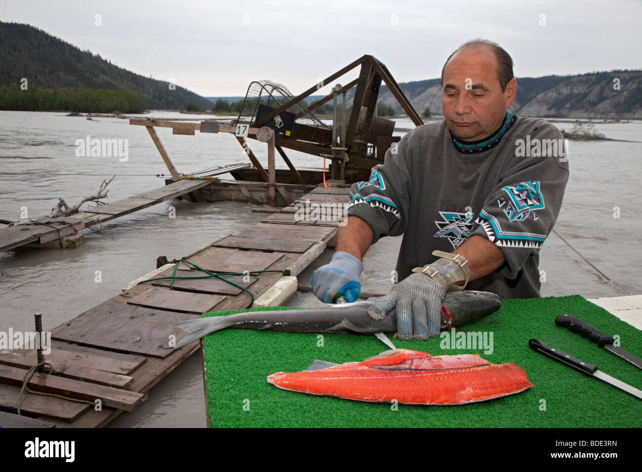 Mann Filets rot Lachs gefangen auf Fisch-Rad in Alaskas Copper River Stockfoto