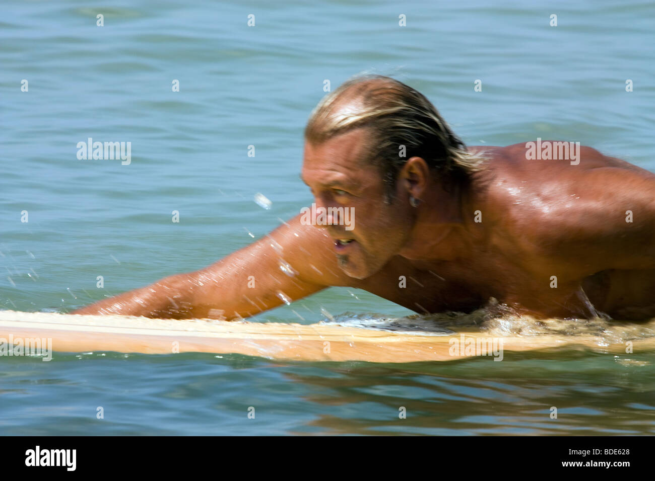 Mann auf Surfbrett paddeln Stockfoto