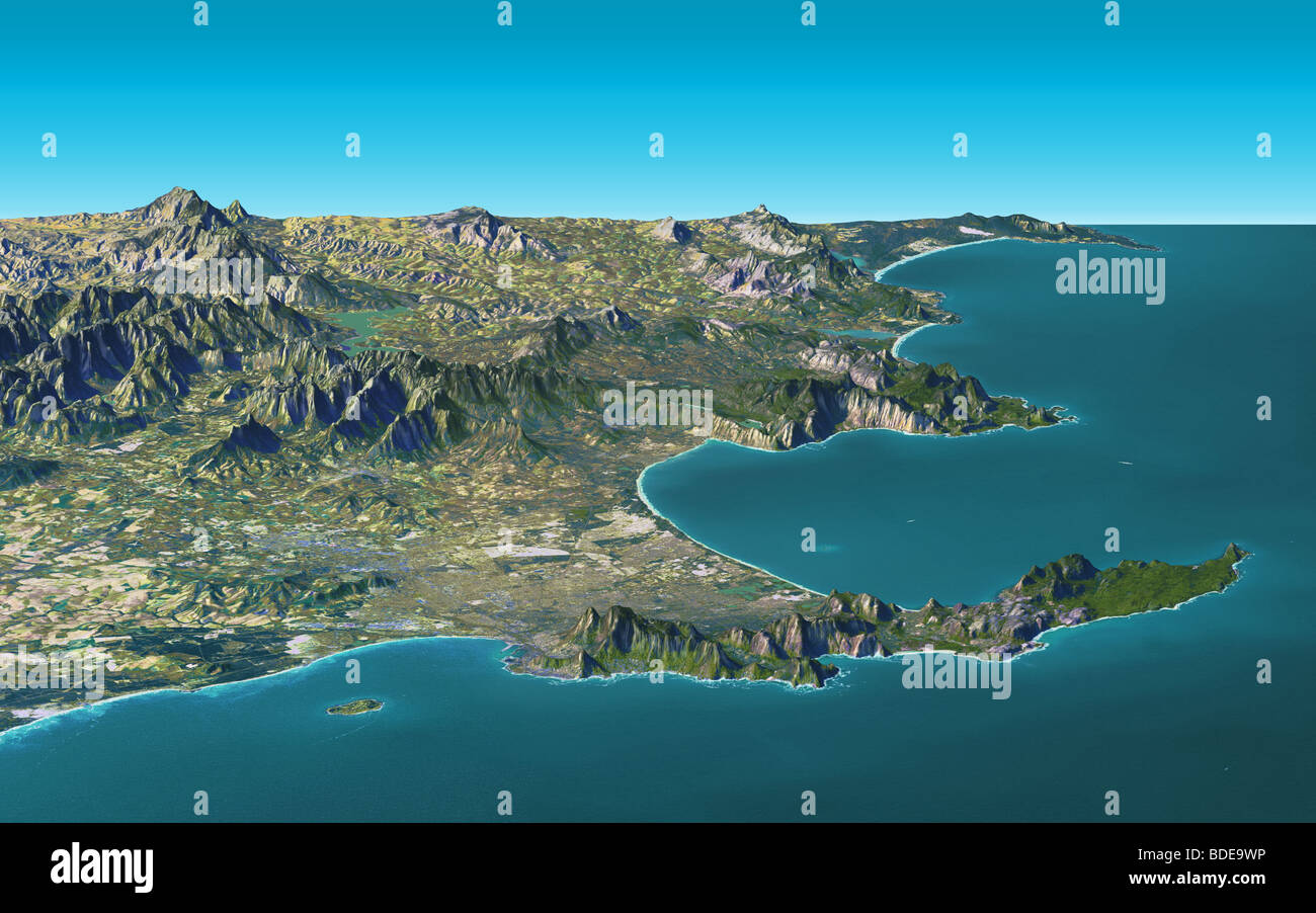 Cape Town.  3D Ansicht aus großer Höhe aus Satellitenbildern gerendert. Stockfoto