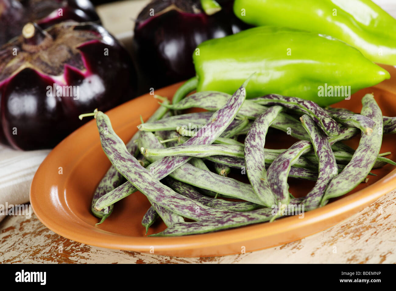 Grüne Bohnen, Paprika und Auberginen Stockfoto