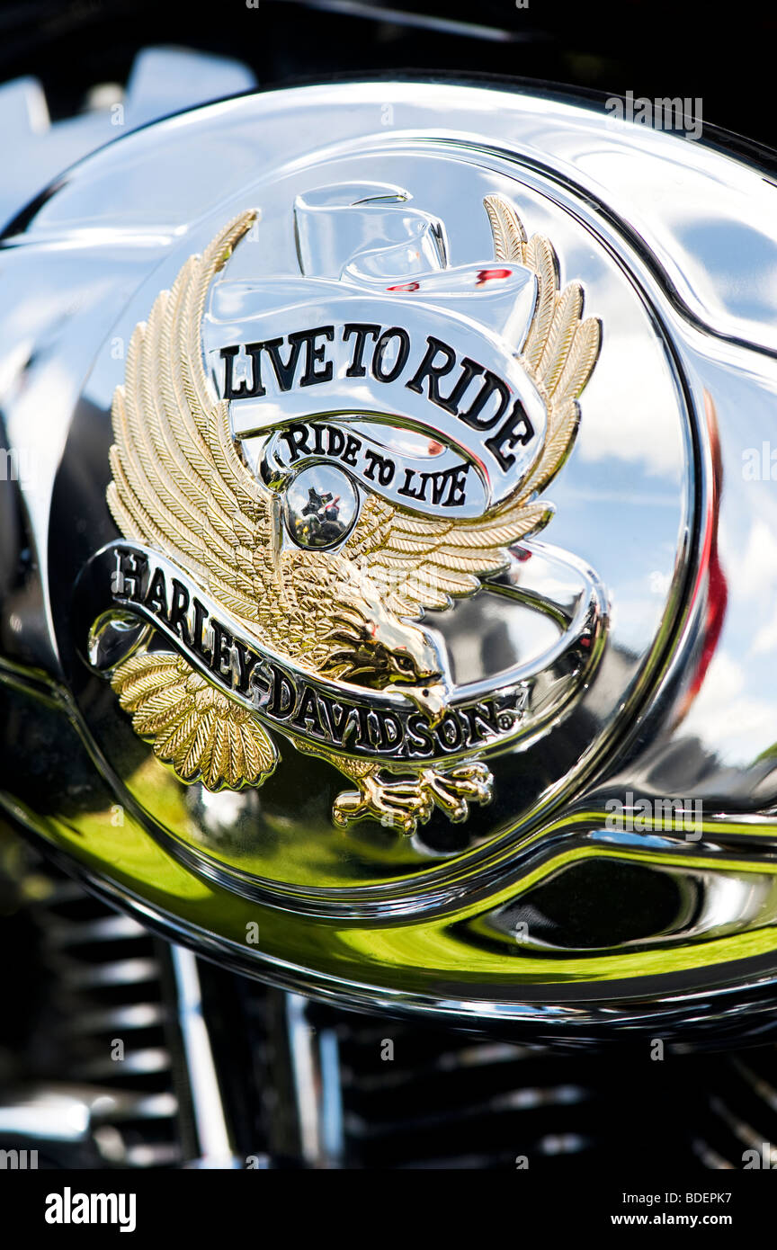 Harley Davidson Motorrad-V-Twin-Motor mit "Leben zu reiten" benutzerdefinierte Gehäuse Stockfoto