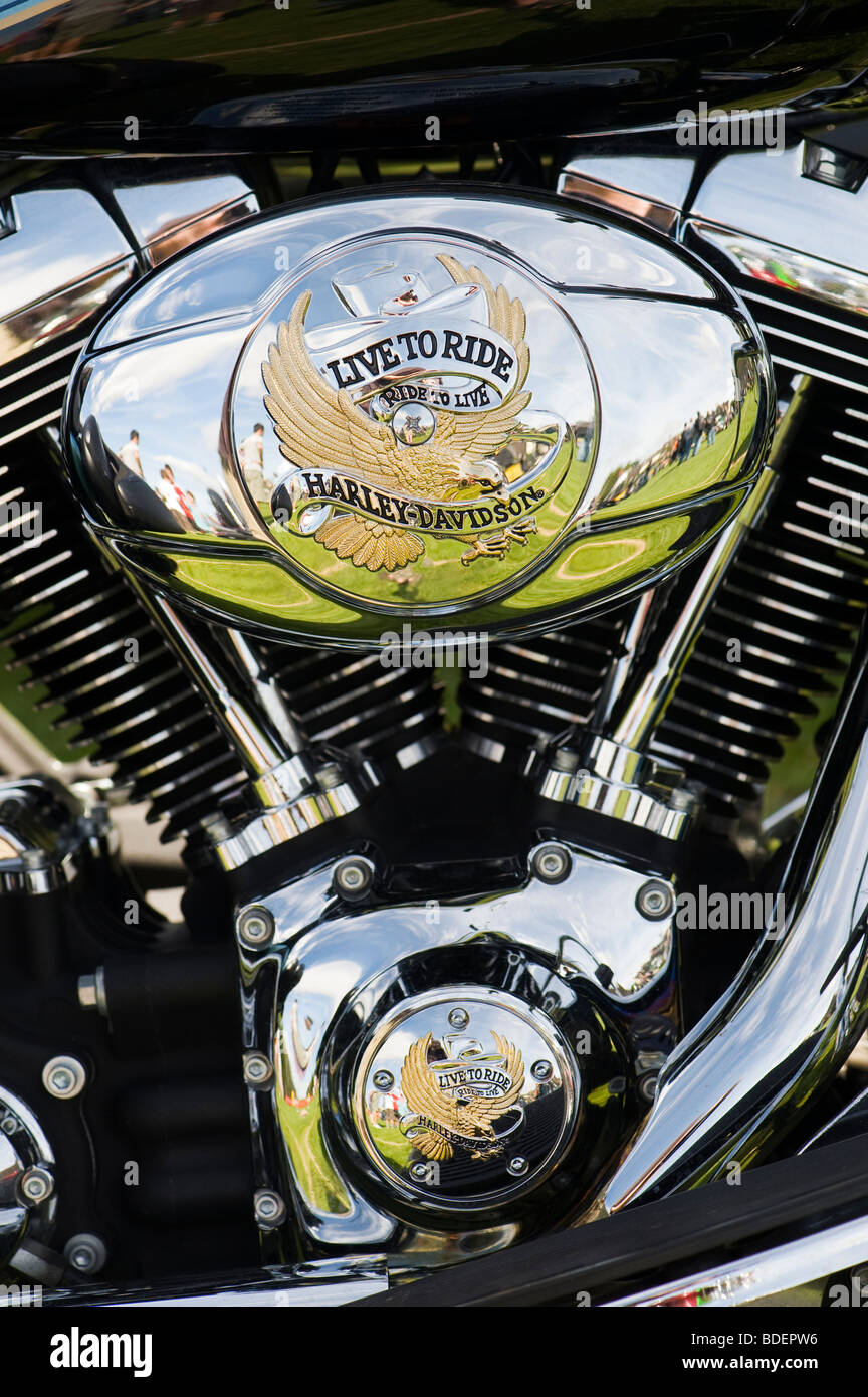 Harley Davidson Motorrad-V-Twin-Motor mit "Leben zu reiten" benutzerdefinierte Gehäuse Stockfoto