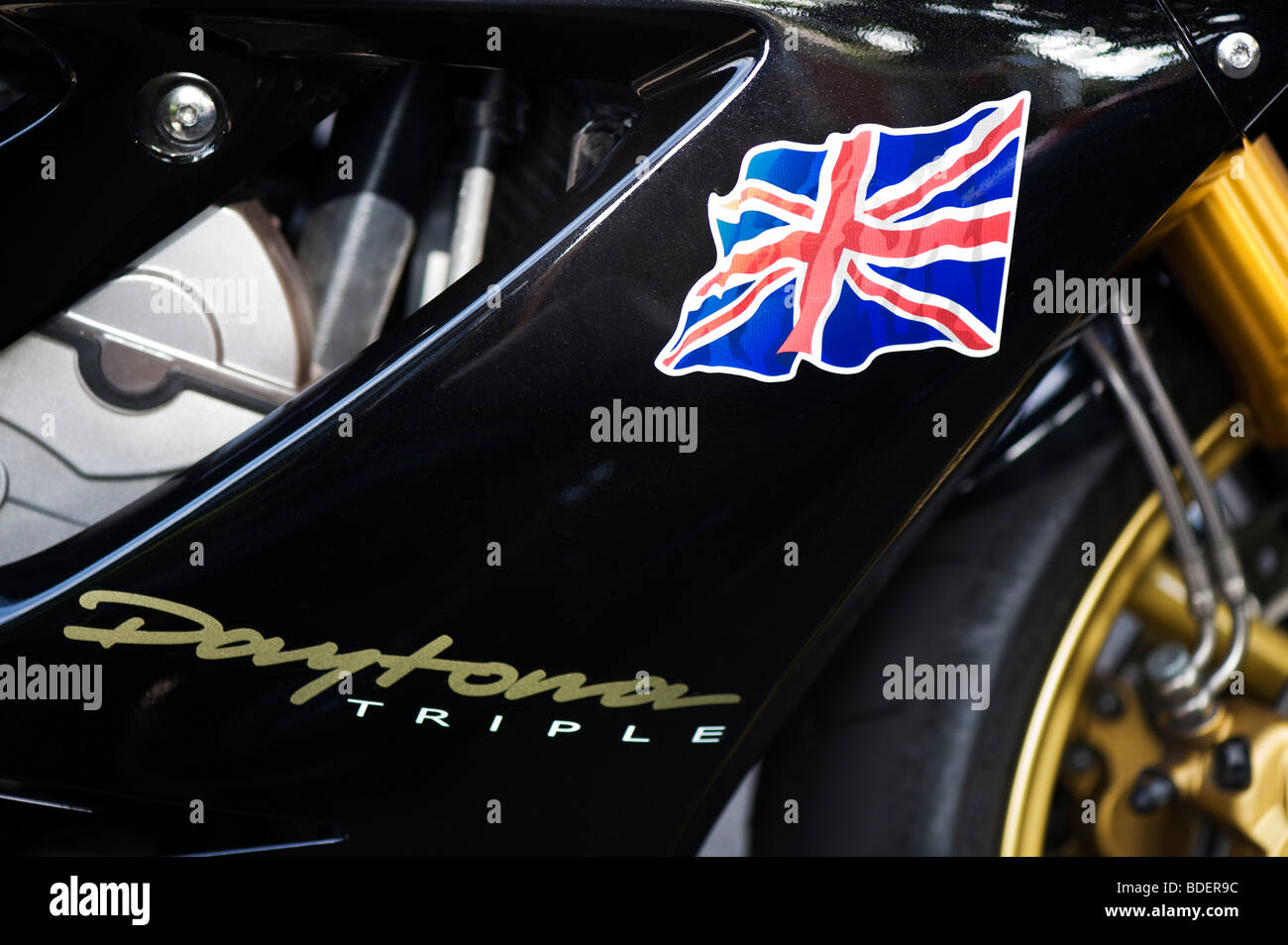 Triumph Daytona, moderne britische Motorrad mit Union Jack Flagge Aufkleber Stockfoto