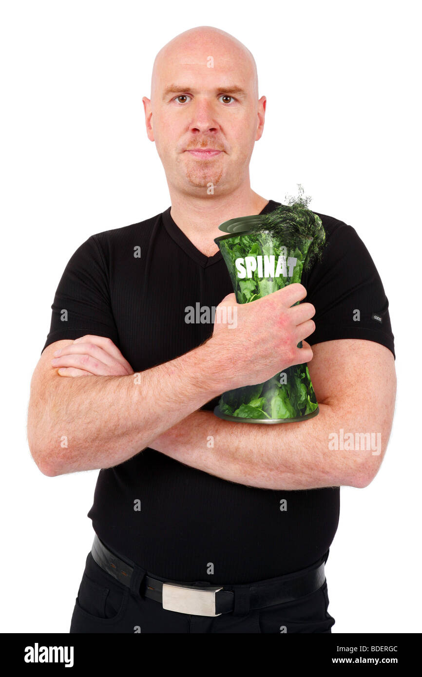 Popeye, kann Leitung Glatzkopf mit Spinat Stockfoto