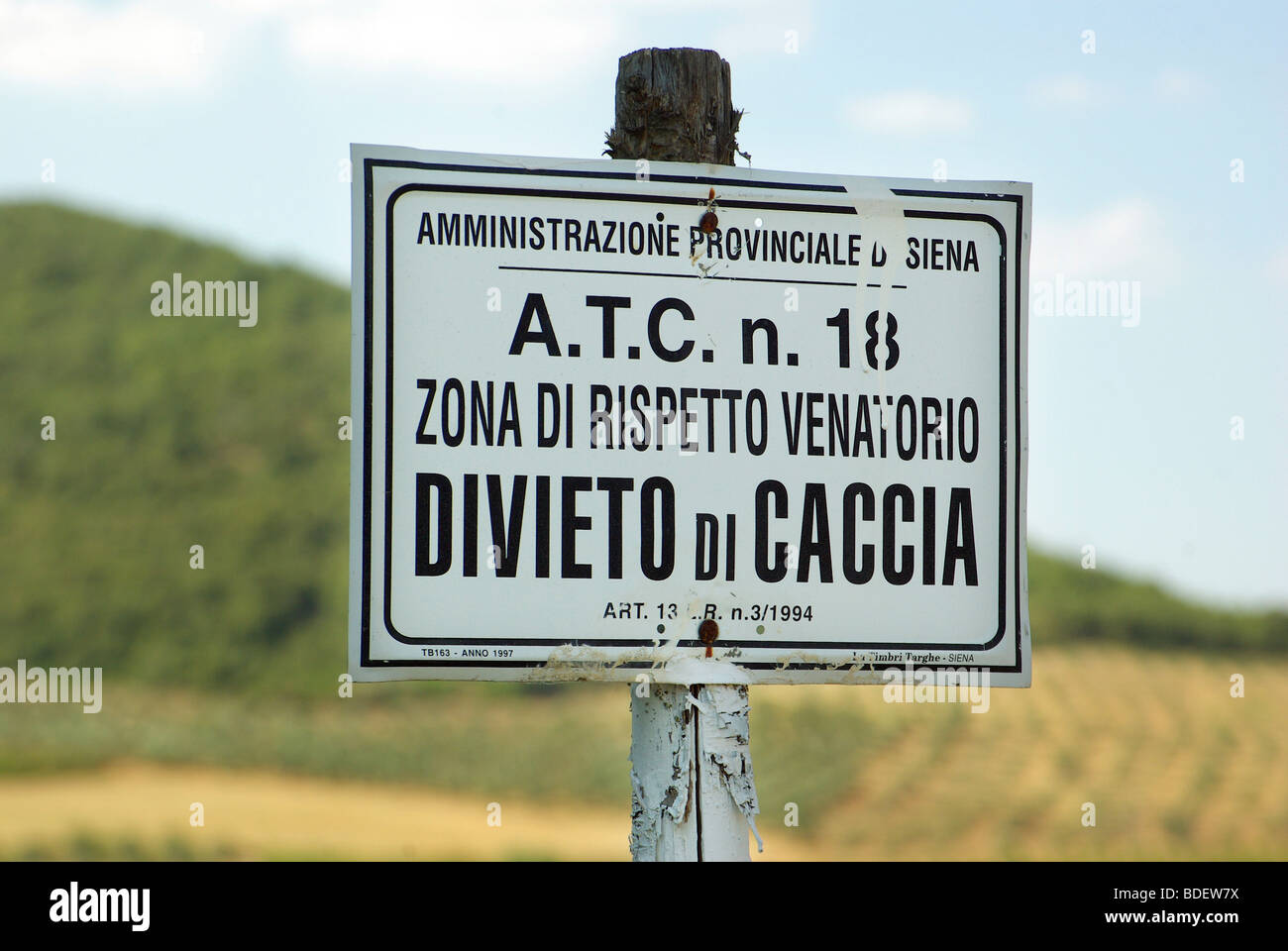 Keine Jagd Zeichen in italienischer Sprache Stockfoto