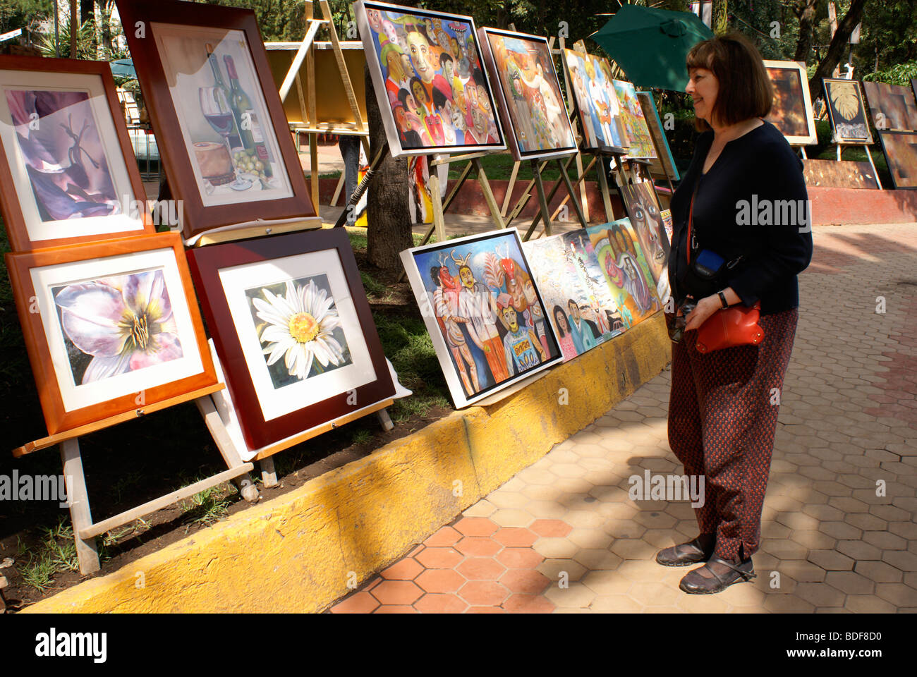 Frau touristische an Gemälde, auf der Suche nach Verkauf an der Kunstmesse findet jeden Sonntag im Jardin del Arte, Sullivan Park, Mexiko Stadt Stockfoto