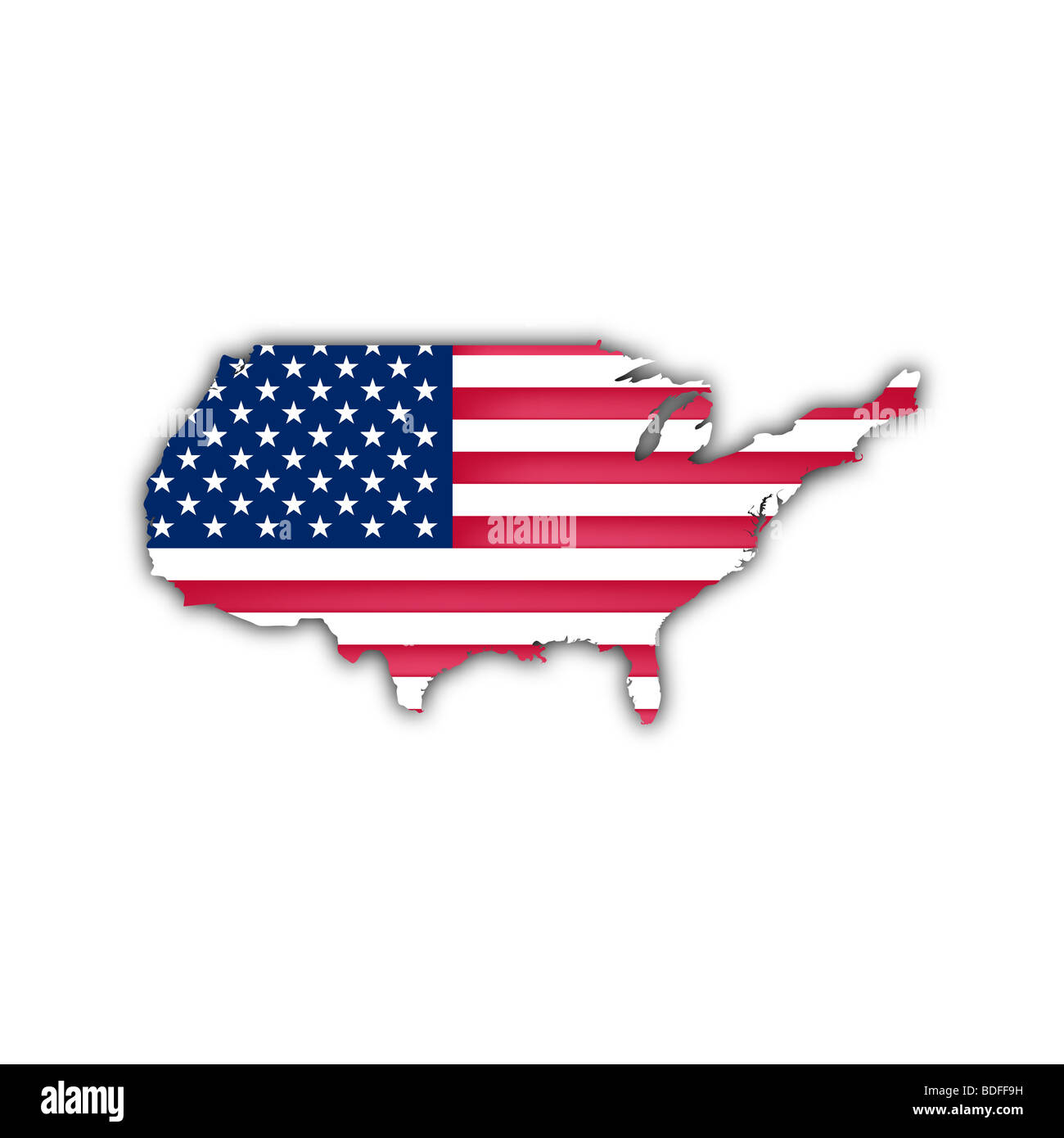 Karte und Flagge der Usa mit Schatten auf weißem Hintergrund Stockfoto