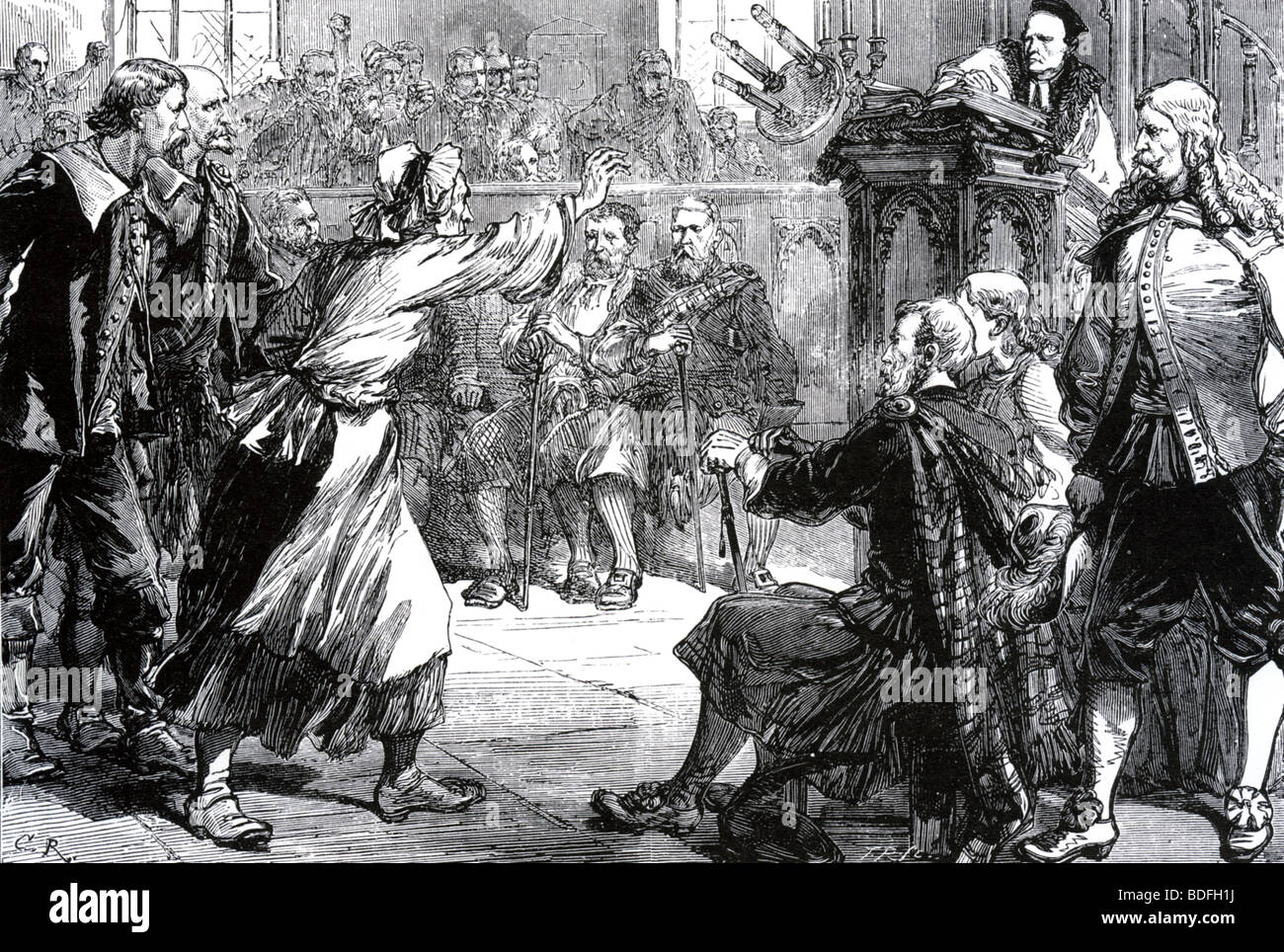 JENNY GEDDES Proteste gegen die neuen Formen der Gottesdienst in der Kirche St. Giles, Edinburgh im Jahre 1637 Stockfoto