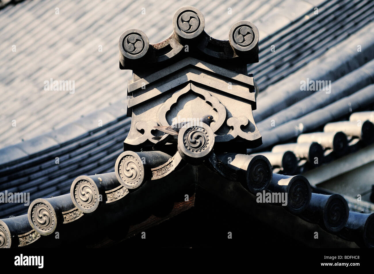 Detail der ornamentalen Ziegeldach. Gründer Halle Tor (Goei-Do-Mo). Higashi Hongan-Ji-Tempel. Kyoto. Kansai. Japan Stockfoto