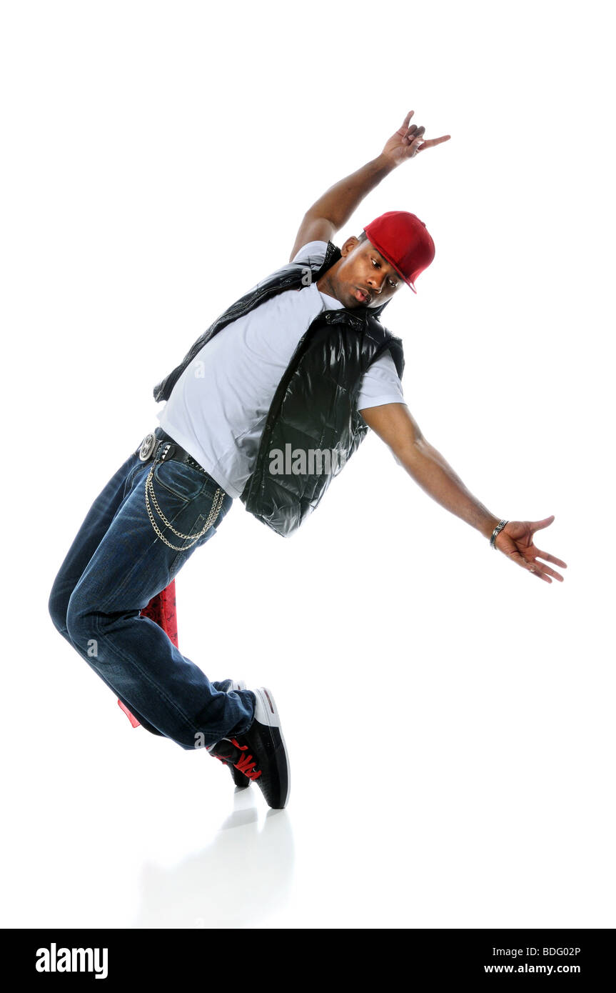 Afrikanische amerikanische Hip-Hop-Tänzer Durchführung auf weißem Hintergrund Stockfoto