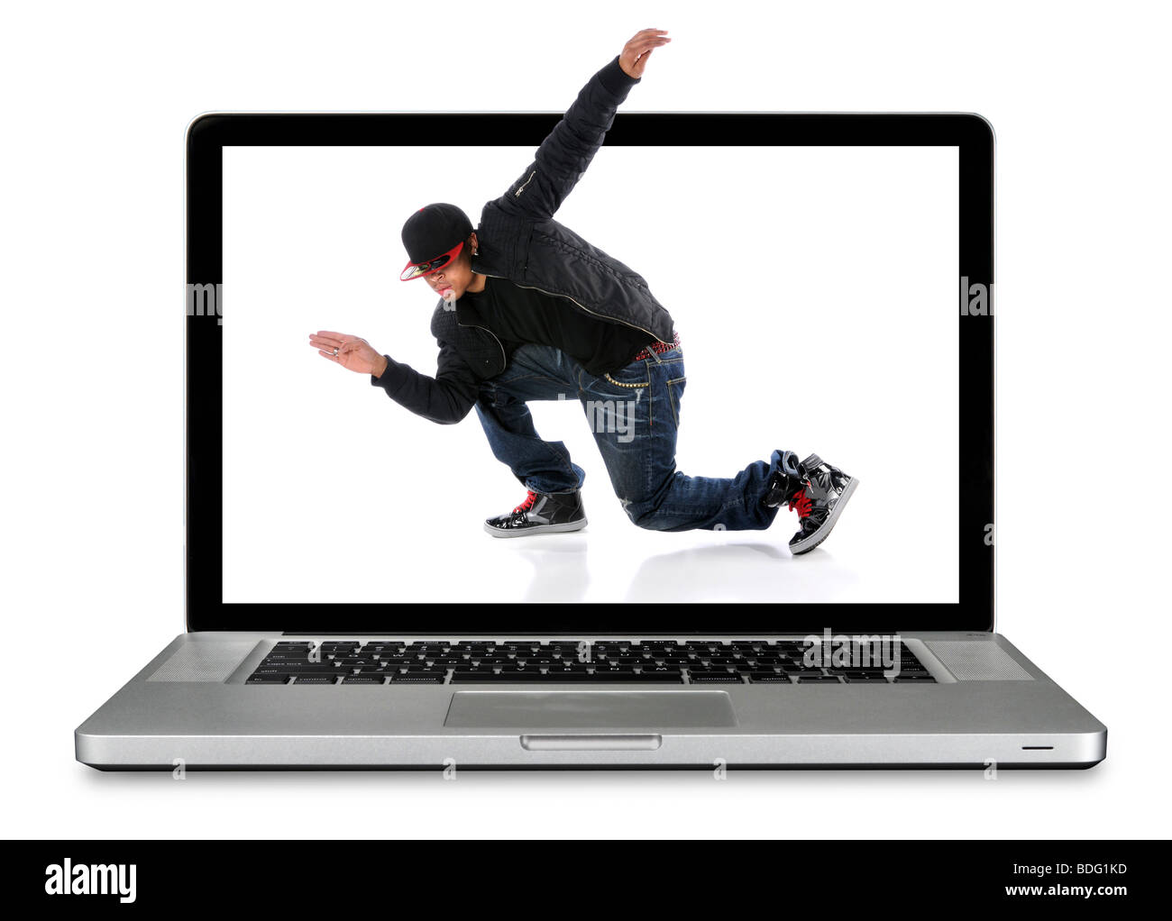 Moderne Laptop-Computer mit Hip-Hop-Tänzer auf weißem Hintergrund Stockfoto