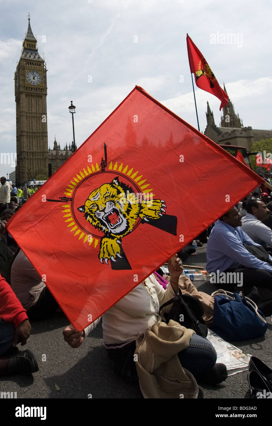 Demonstranten mit einer Nationalflagge von Tamil Eelam Protest fordern ein Ende zum Krieg in Sri Lanka, Westminster, London Stockfoto