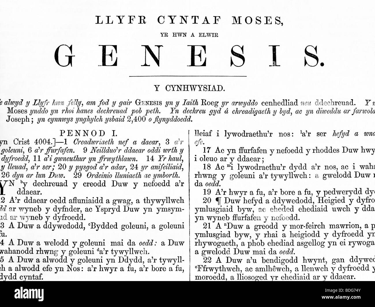 Das Buch Genesis aus der christlichen Bibel Welsh Stockfoto