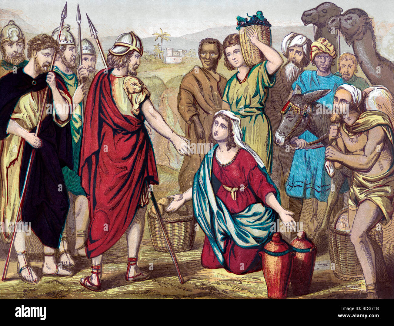 Illustration von Abigail, der vor David, der Brot und Wein aus der christlich-walisischen Bibel brachte, auf die Knie fiel Stockfoto