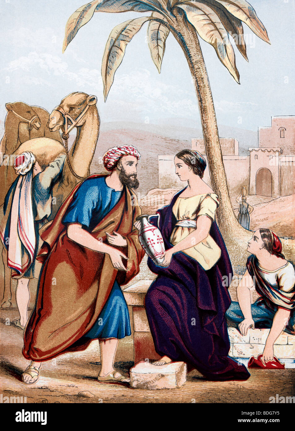 Illustration von Rebecca am Brunnen, der einen Krug anbietet Wasser an den Elieser Diener aus der christlich-walisischen Bibel Stockfoto