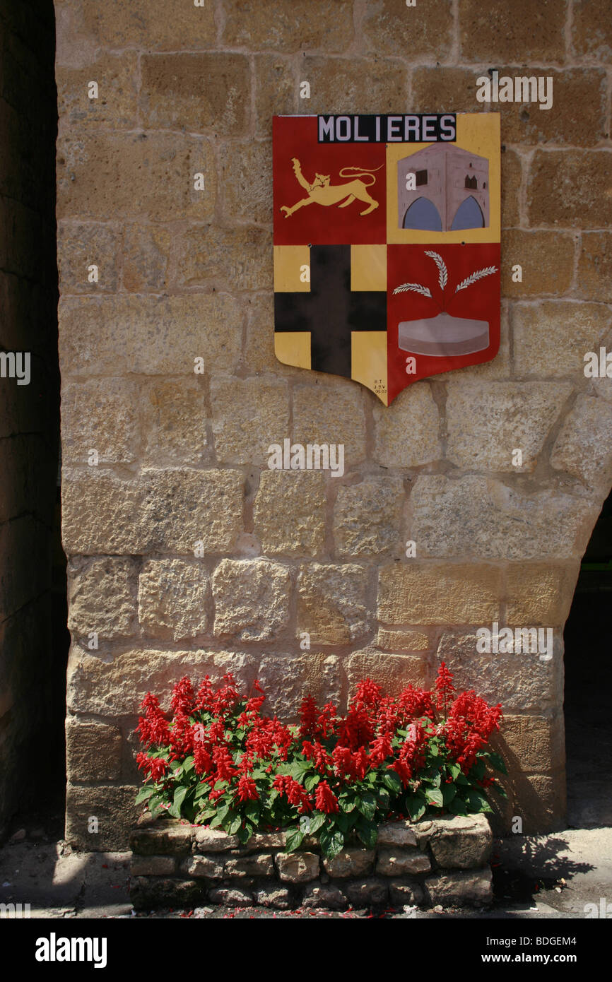 Wappen der Stadt Molieres, eine mittelalterliche Bastide im Perigord, Frankreich Stockfoto