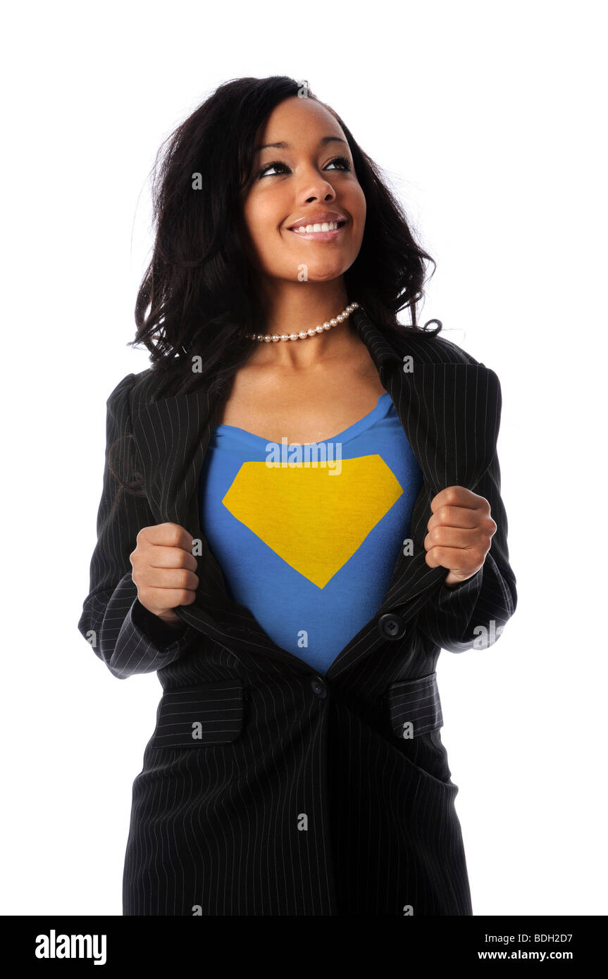 Afrikanische amerikanische Geschäftsfrau gekleidet als Superheld Stockfoto