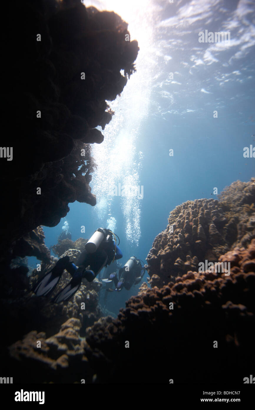 Taucher aus einer Unterwasserhöhle schwimmen Stockfoto