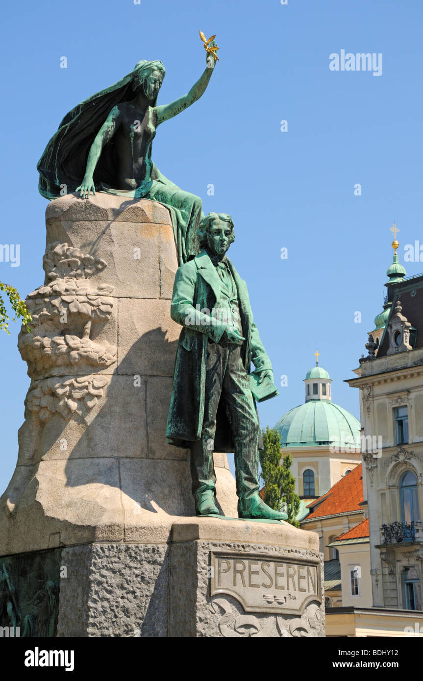 Ljubljana, Slowenien. Denkmal für France Preseren (Nationaldichter, 1800-1849) in Presnerov Trg (Preseren-Platz) Stockfoto