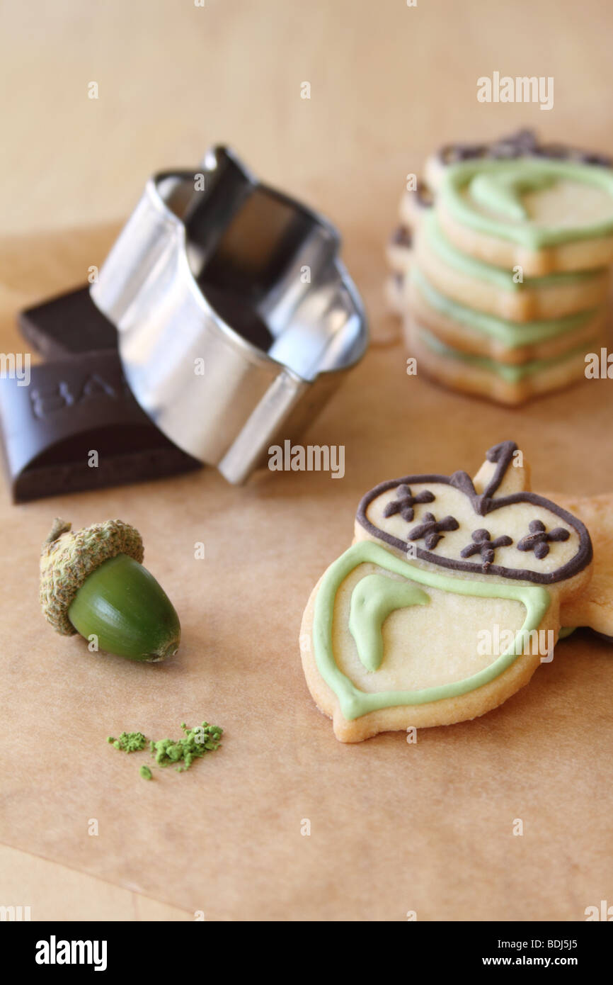 Zuckergebäck gemacht auszusehen wie Eicheln mit Pipe Schokolade und Royal icing Dekoration. Stockfoto