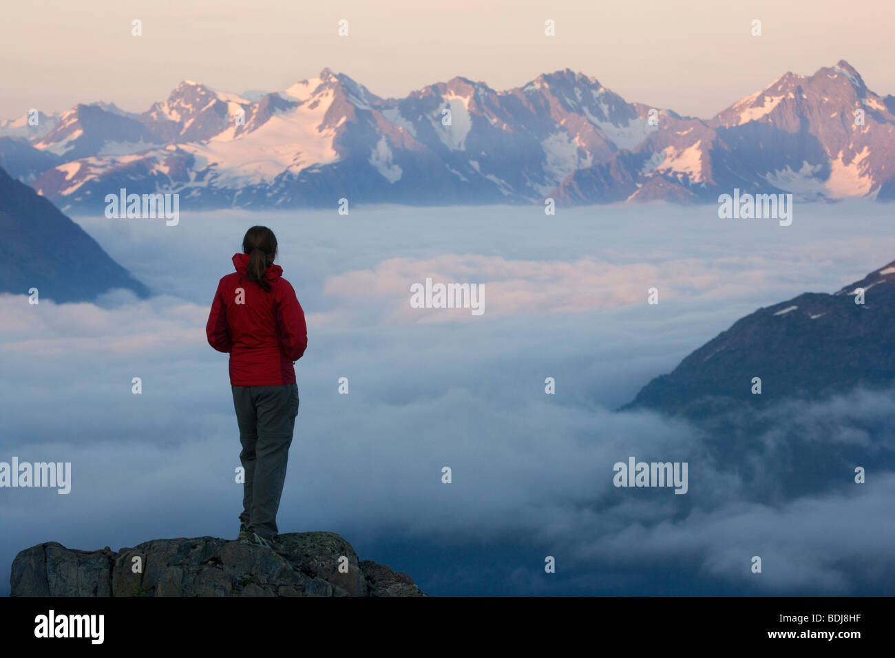 Ein Wanderer sieht das Harding Icefield, Kenai-Fjords-Nationalpark, Alaska. (Modell freigegeben) Stockfoto