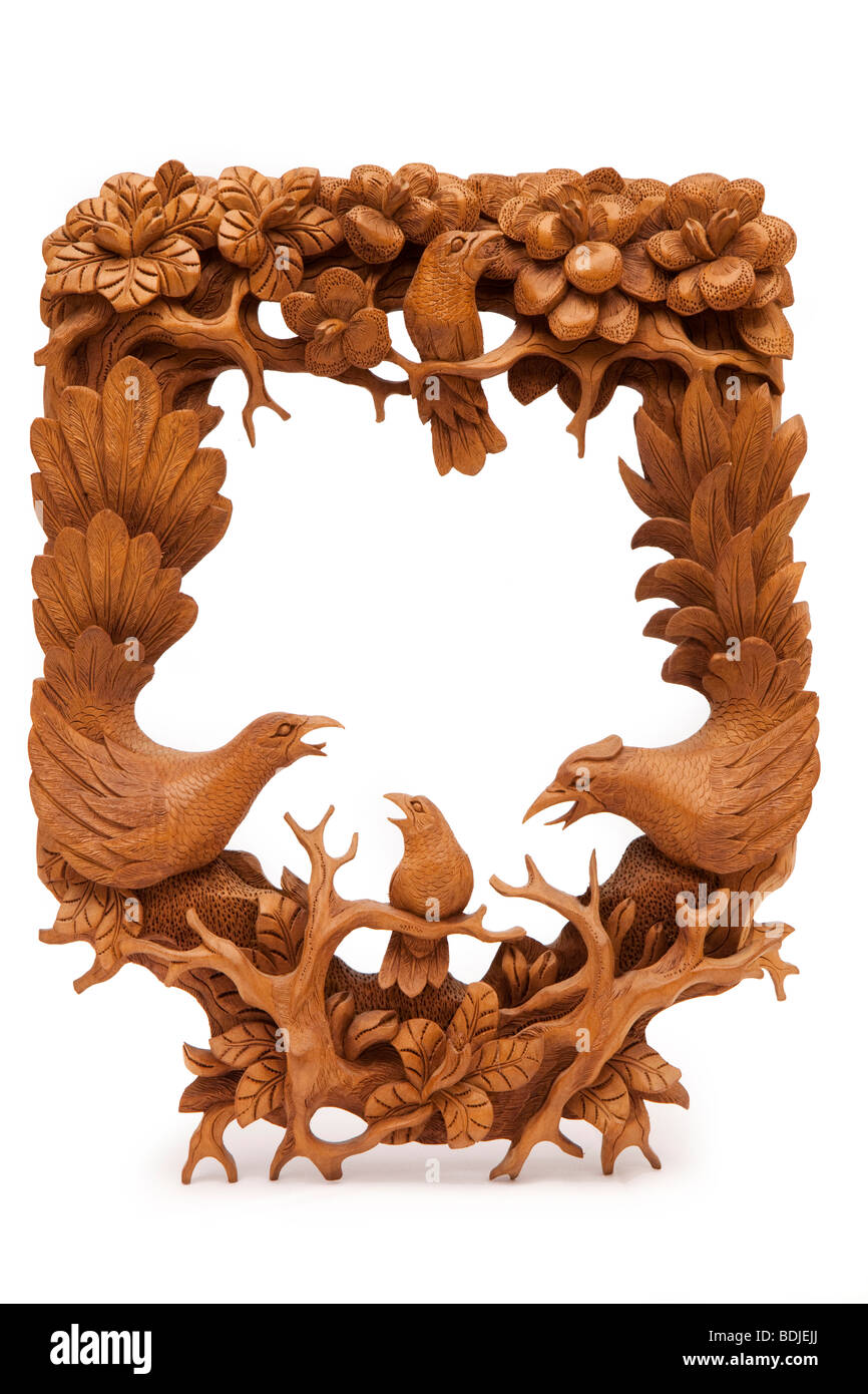 Indonesien, Bali, Handwerk, Ubud, geschnitzten Vogel Thema Rahmen von Merta Nadi Stockfoto