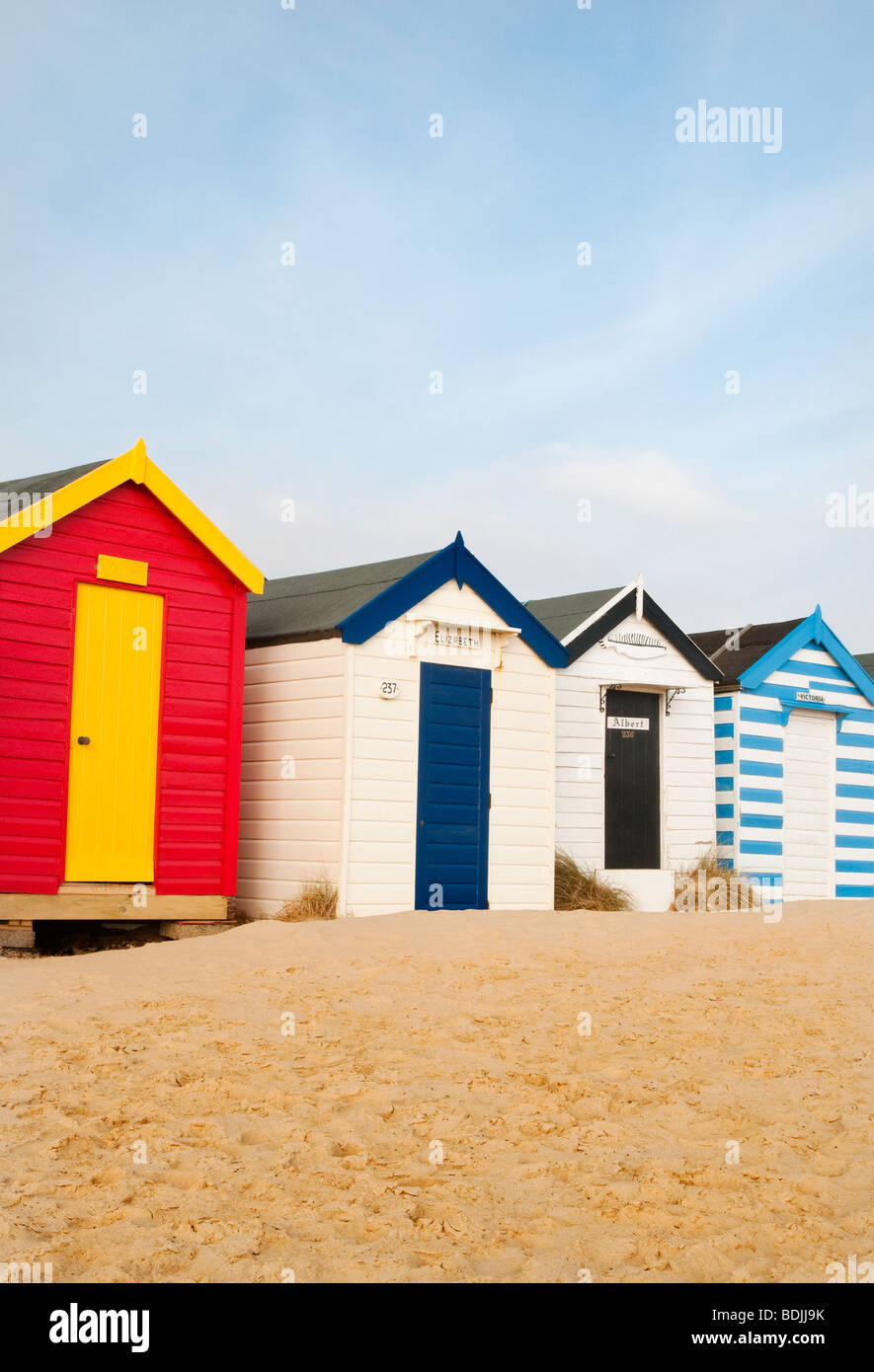 Strandhütten in Southwold, Suffolk, UK Stockfoto