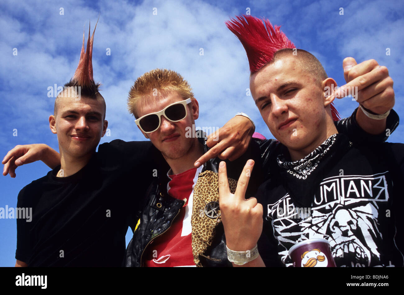 Punks, die den Stinkefinger beim Rebellion Festival In Blackpool Stockfoto