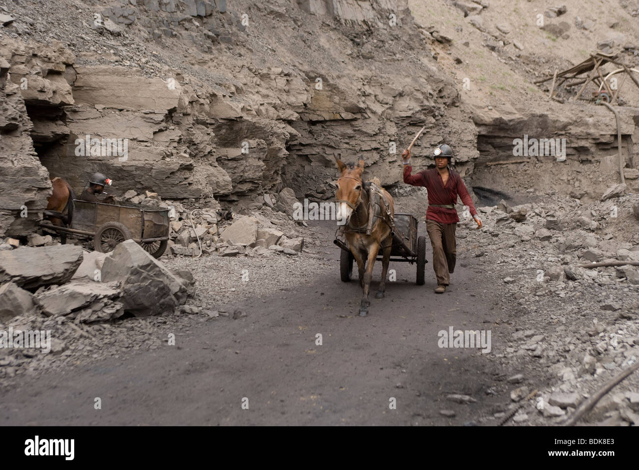 WUDA COAL FIELD, WU HAI, Innere Mongolei, CHINA - AUGUST 2007: Mein Bergleute bei einem illegalen Private Nutzung Maultiere ihre Kohle schleppen. Stockfoto