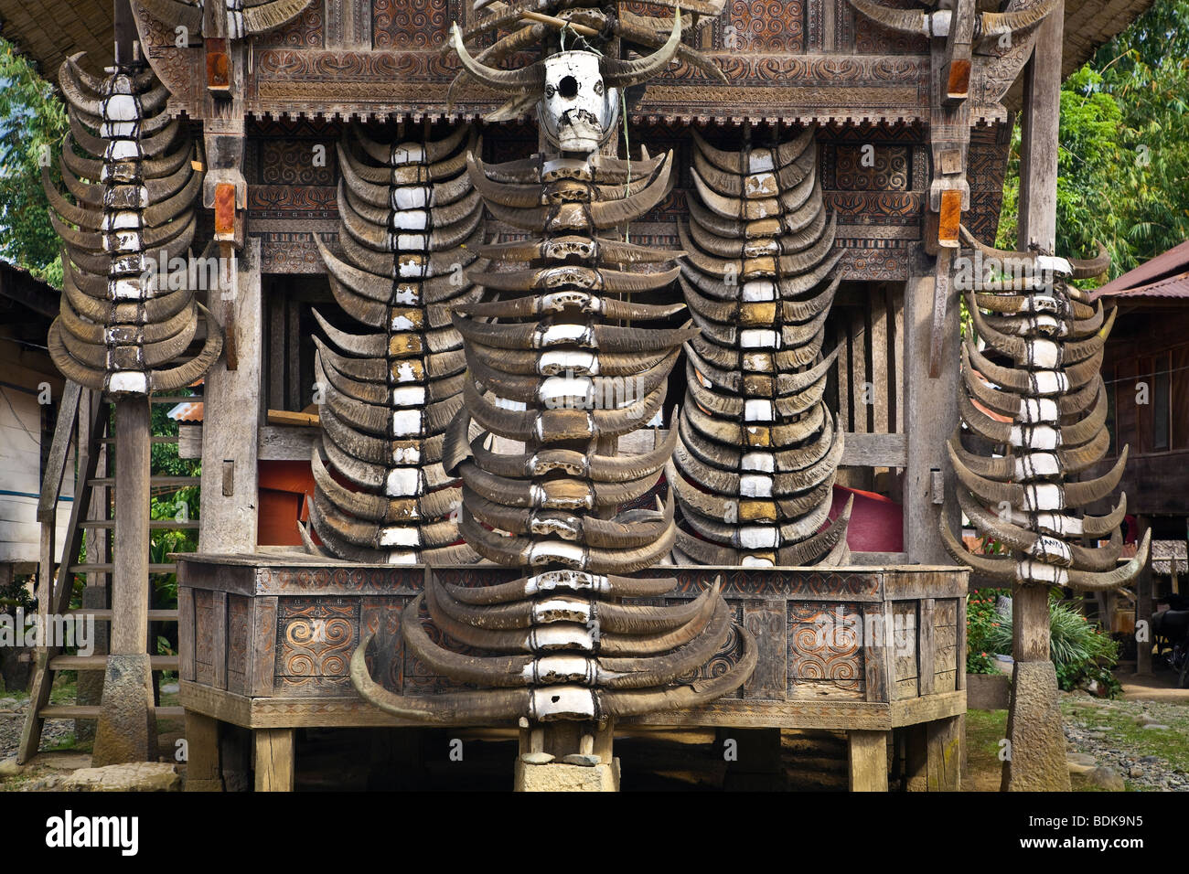 Indonesien, Sulawesi, Tana Toraja-Gebiet, Palawa Dorf, bekannt als Tongkonan Toraja-Traditionshaus. Stockfoto