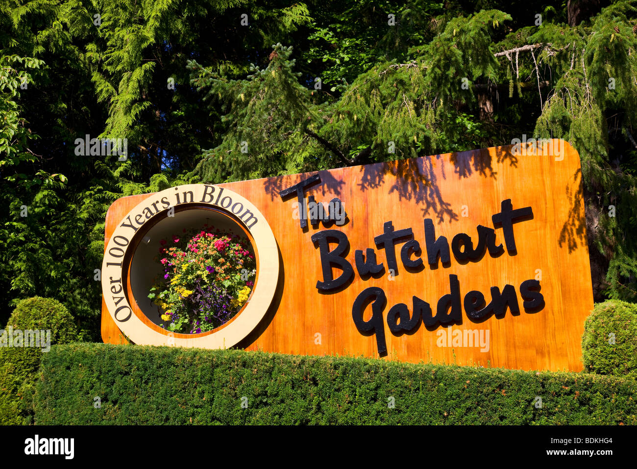 Melden Sie sich für die Butchart Gardens, Victoria, Vancouver Island, British Columbia, Kanada. Stockfoto