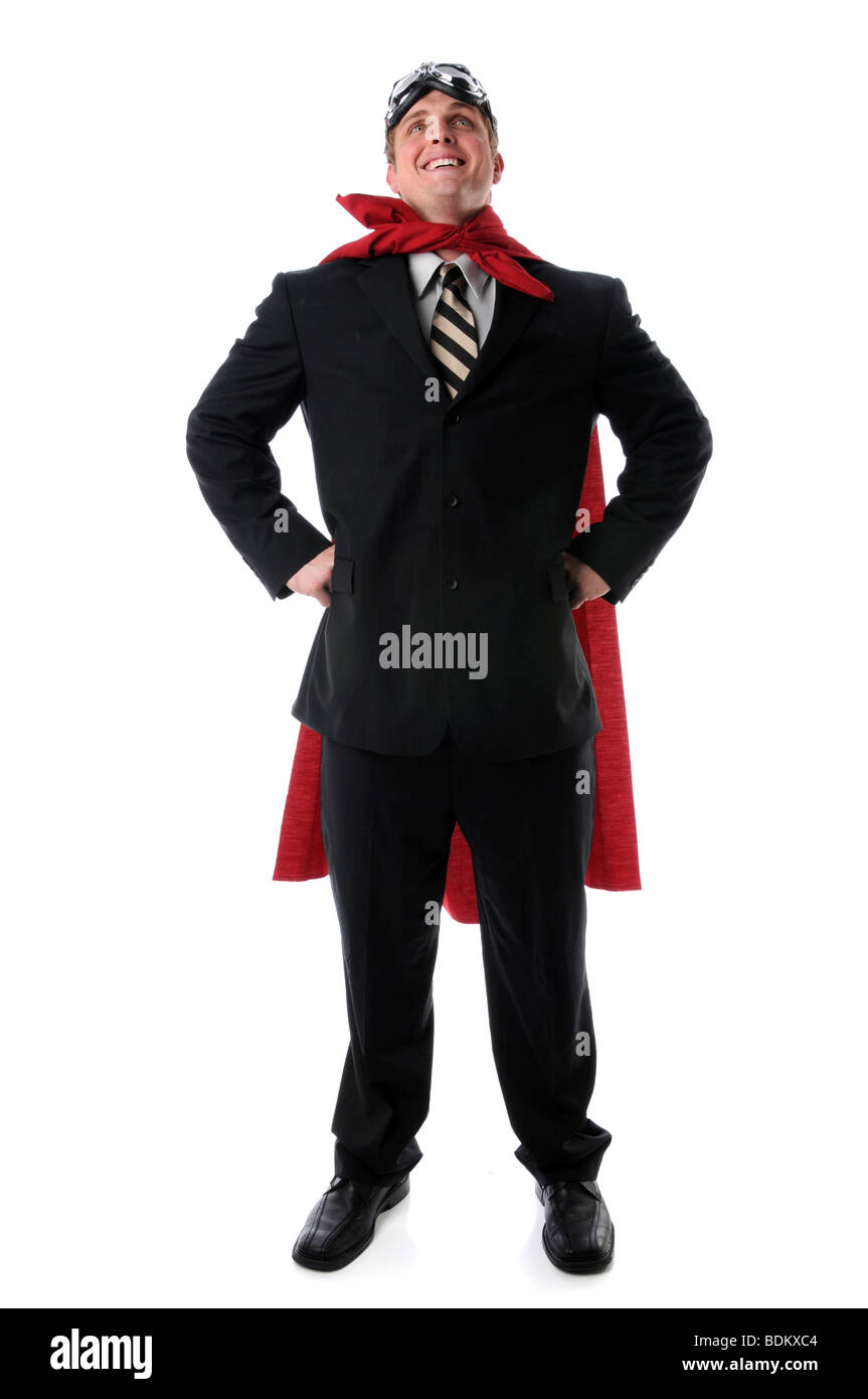 Super Geschäftsmann mit Umhang und Brille selbstbewusst Lächeln Stockfoto