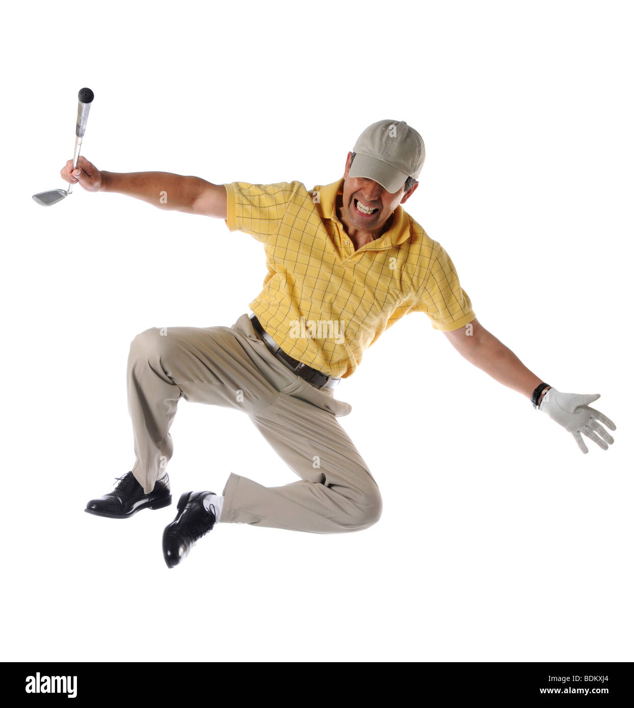 Golfer auf Fersen, isoliert auf einem weißen Hintergrund zu feiern Stockfoto