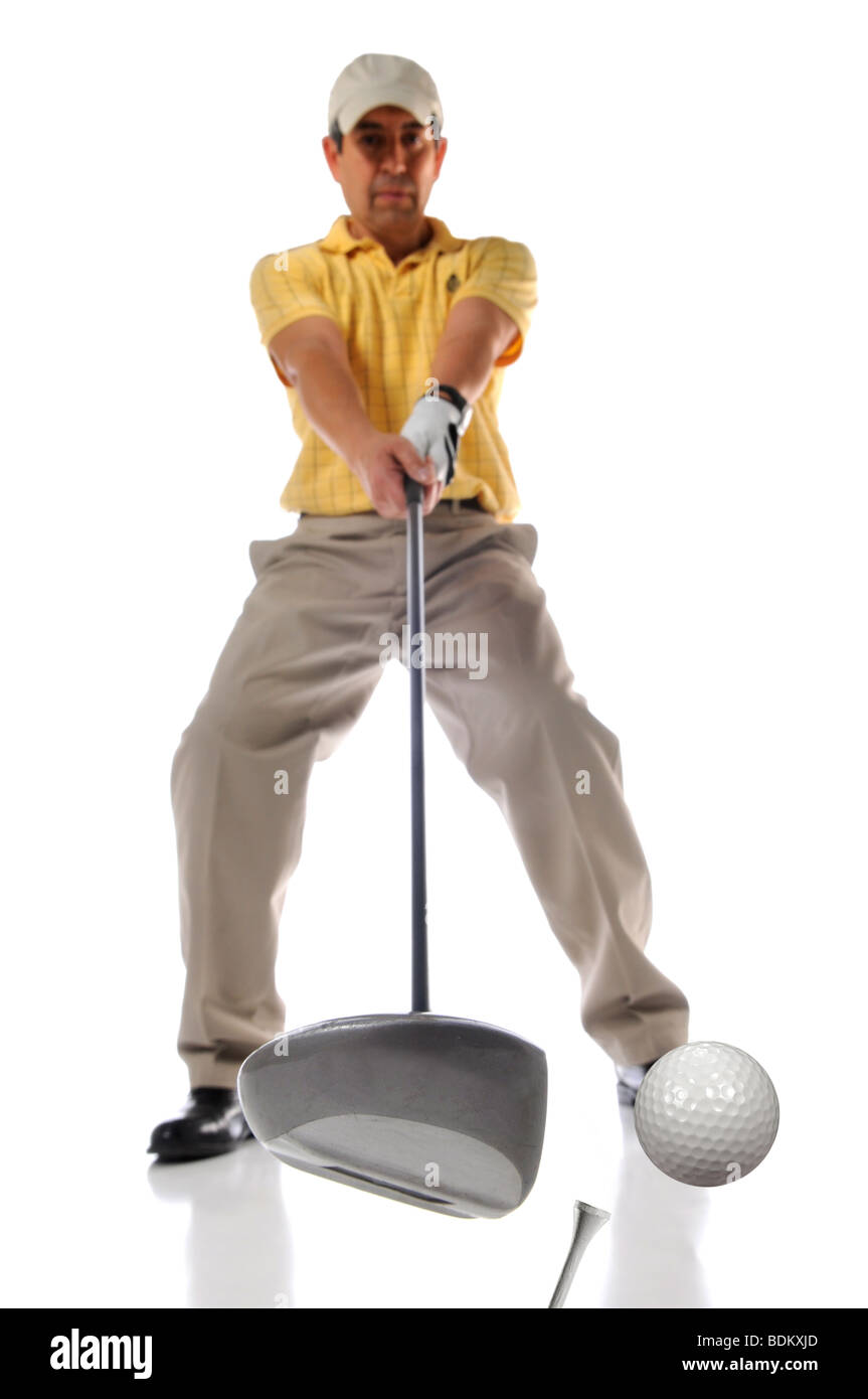 Golfer im Moment des Aufpralls mit selektiven Schärfentiefe Stockfoto